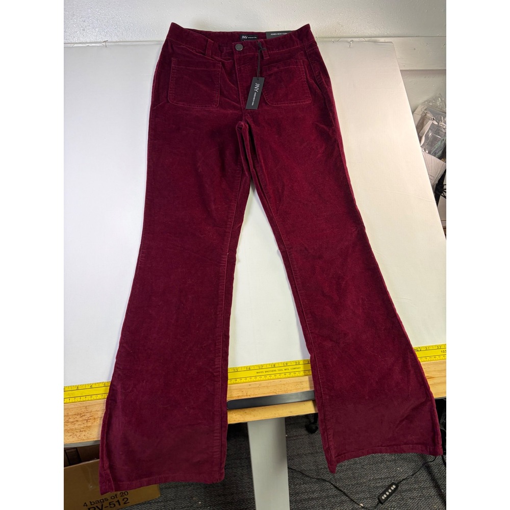 Jones New York Corduroy Flare Pants Burgundy High Rise Patch Pockets Size 6 NEW